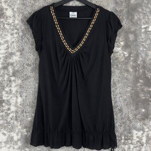 B. Moss Sz M Black Beaded V-Neck Top Short Sleeve Tee Shirt Made in USA